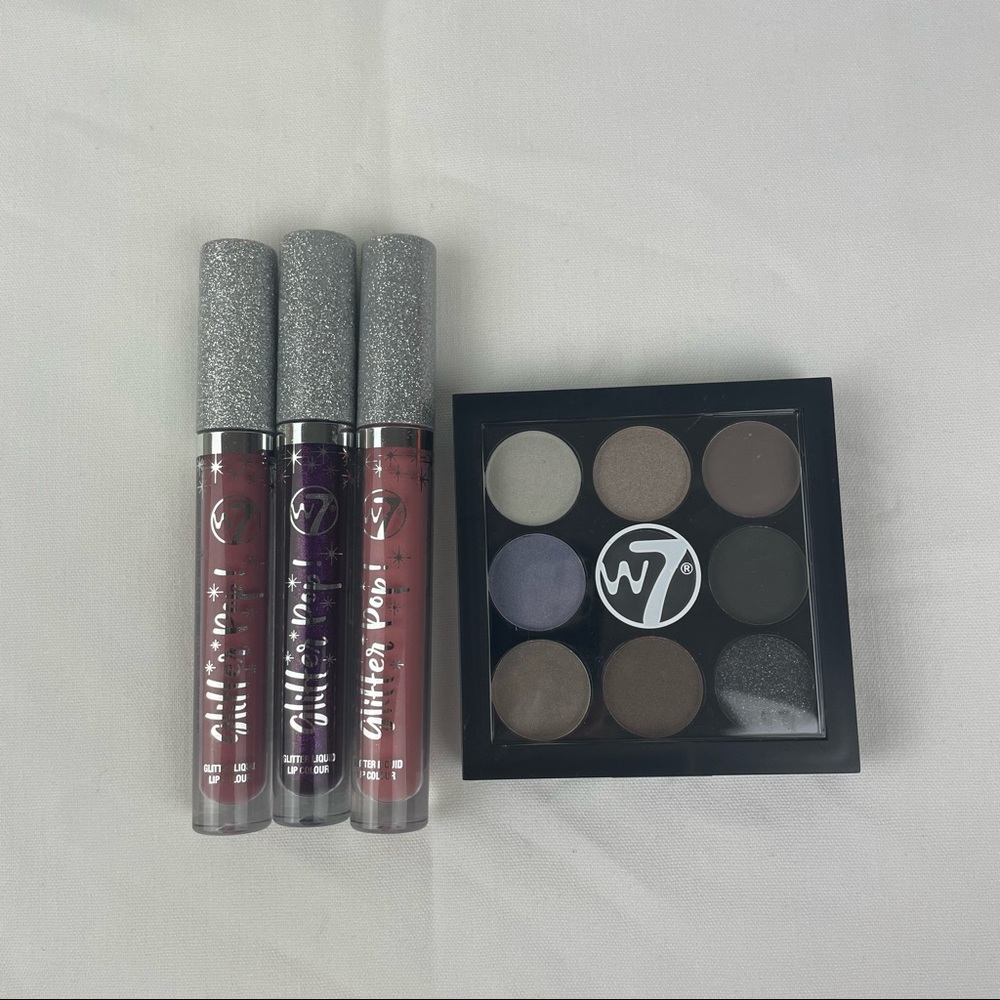 W7 Glitter Liquid Lip Color - Packs of 3 Lipsticks + 1 W7 Eyeshadow Palette NWT